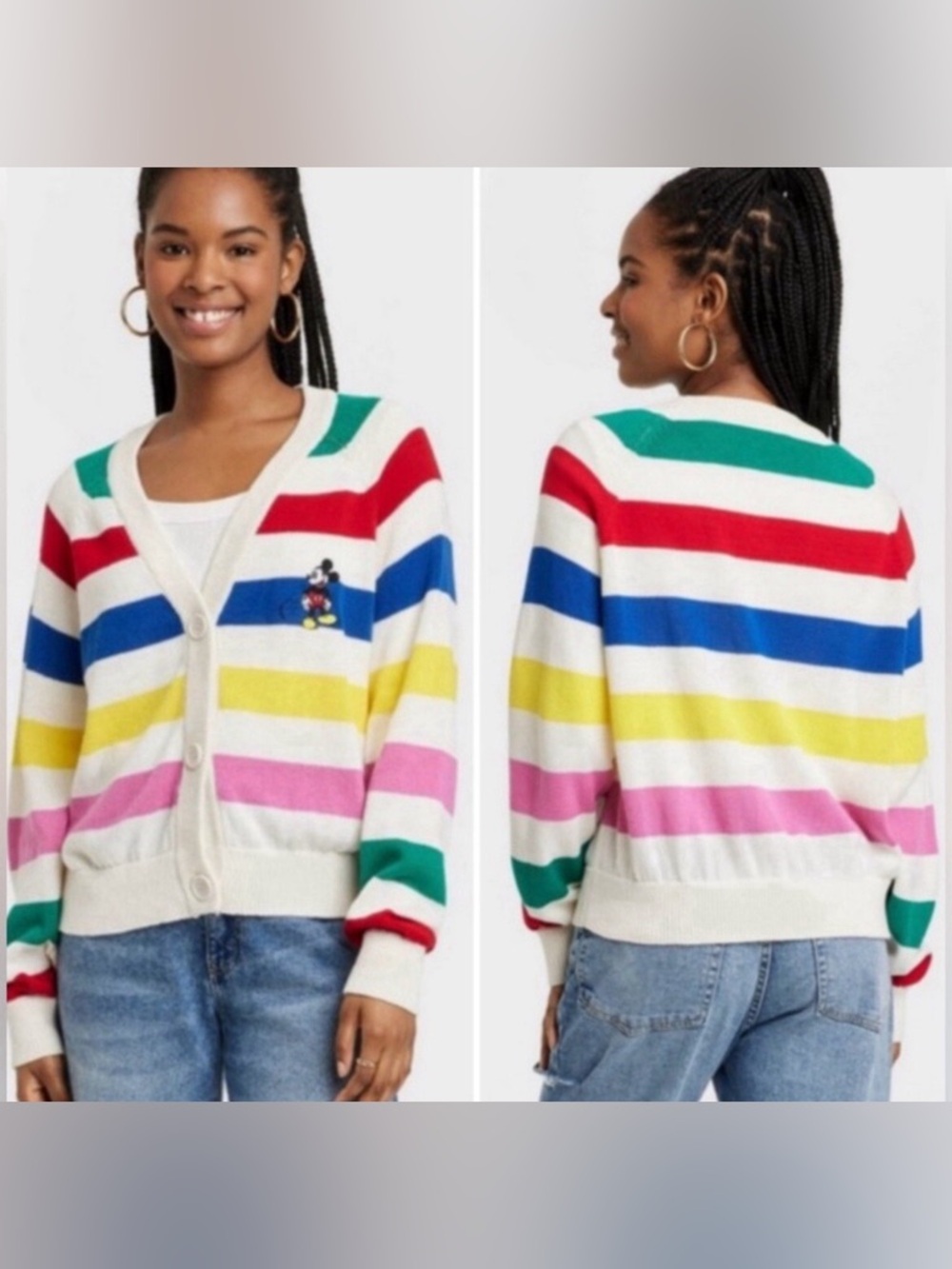 Disney 100 Mickey Mouse Multi-Color Striped Oversized Cardigan Size Medium